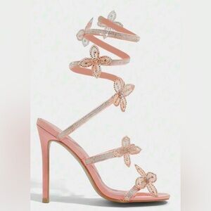 CUCCOO Pink Satin Rhinestone Butterfly Decor
Strappy Sandal Heels